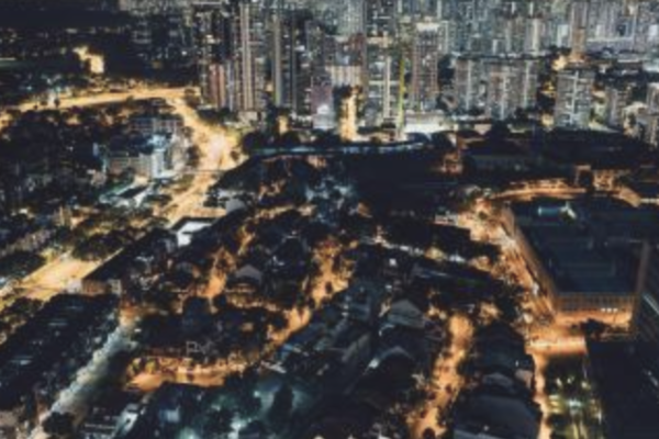 Aerial shot of a city at night