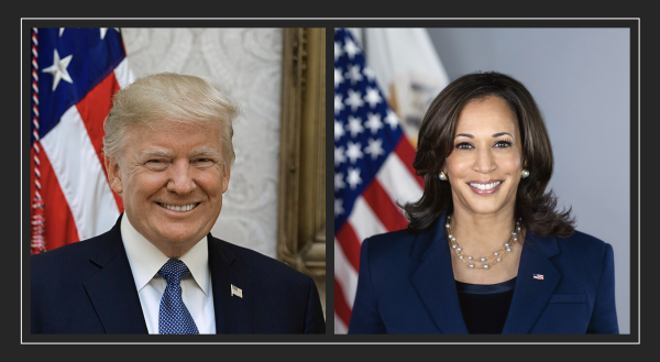 Donald Trump and Kamala Harris smiling