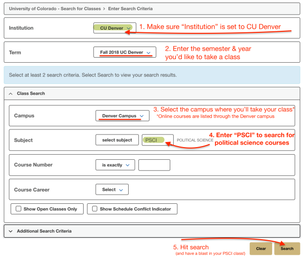 Search for your Next Class instructions graphic 1. select cu denver, Term, Denver Campus, and enter PSCI