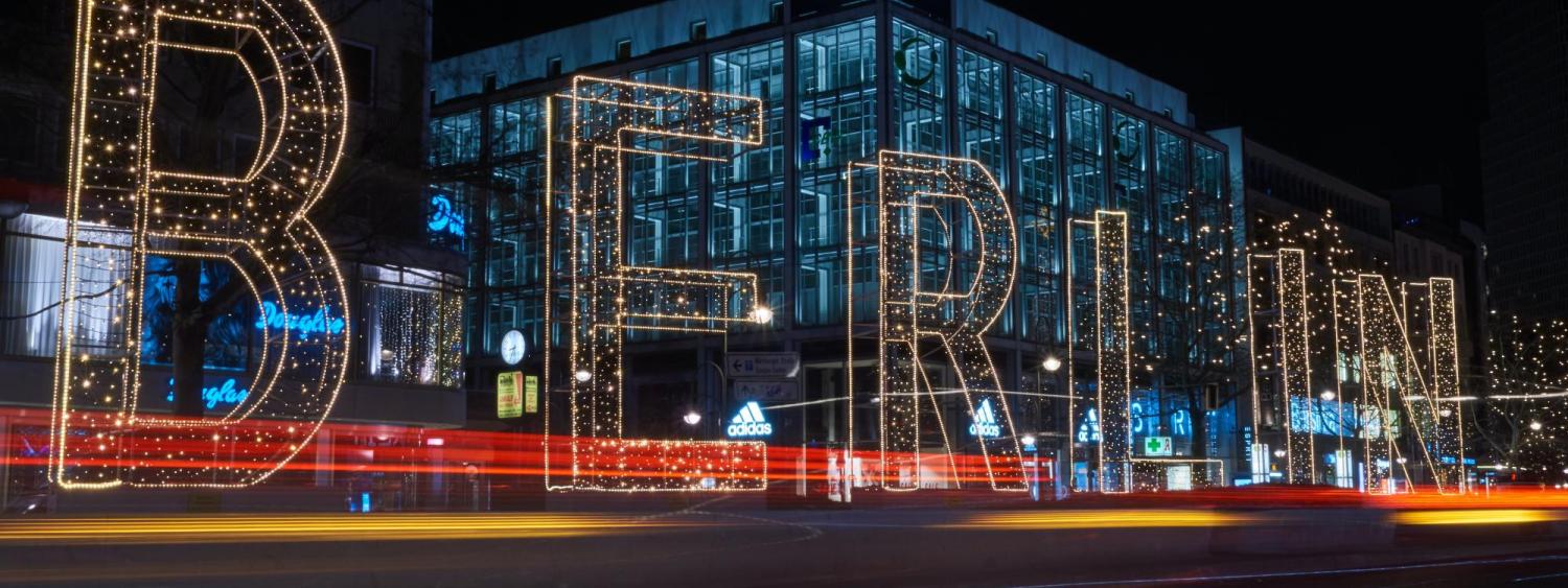 The word Berlin spelled out in lights at night