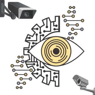 Two security cameras surround a wide-open eye that signifies mass surveillance.