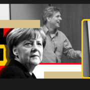 Graphic showing Angela Merkel, (Prime minister of Germany), and Professors Christoph Stefes and Thorsten Spehn