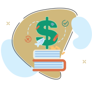 Financial Aid graphic displaying a green dollar sign on top of a stack of books