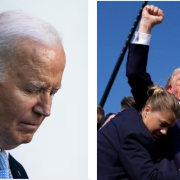 Photo of president Biden, as he withdrew from the presidential race, and former president Trump, after surviving a shot to the ear the same week