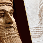 Two juxtaposed images of the face of the state of Gilgamesh with a gold line running diagonally through the center.