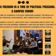 Thumbnail image of flier advertising the forum event described in this post.   Image features student speaking amid other students and has logos of sponsoring departments.