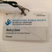 Advocating for Human Rights Betcy Jose name tag from the Alliance for Multilateralism
