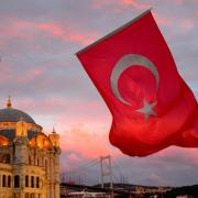 Turkish flag in front of city