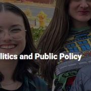 Picture of smiling students behind text reading "New Directions in Political Science and Public Policy"