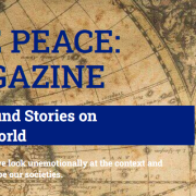Logo of Release Peace Magazine, featuring old world map and text describing general goals of the magazine