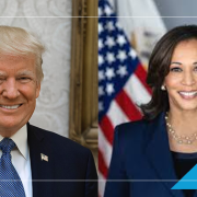 Kamala Harris and Donald Trump's headshots, both smiling