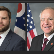 JD Vance and Tim Walz, smiling