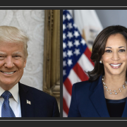 Donald Trump and Kamala Harris smiling
