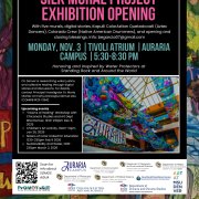 The flyer features bright, colorful silk mural artwork and logos from Auraria Campus, CU Denver, MSU Denver, and partner departments.