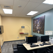 Picture of a lounge space, with couches and computers