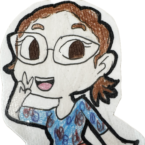illustration of brynnah wearing red pants and blue shirt with glasses