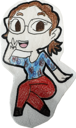 illustration of brynnah wearing red pants and blue shirt with glasses